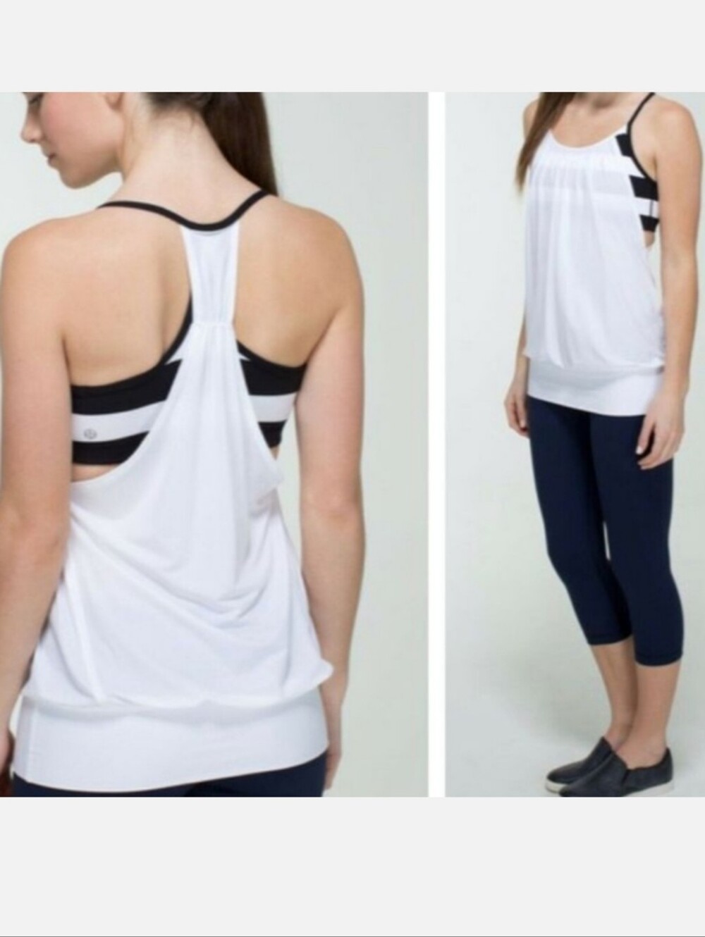 Lululemon No limit White Tank Top Built-in White/Black Striped Bra